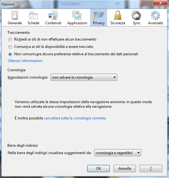 Navigazione privata in firefox