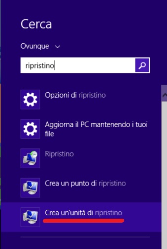 Come creare un disco di ripristino in Windows 8 su unità USB